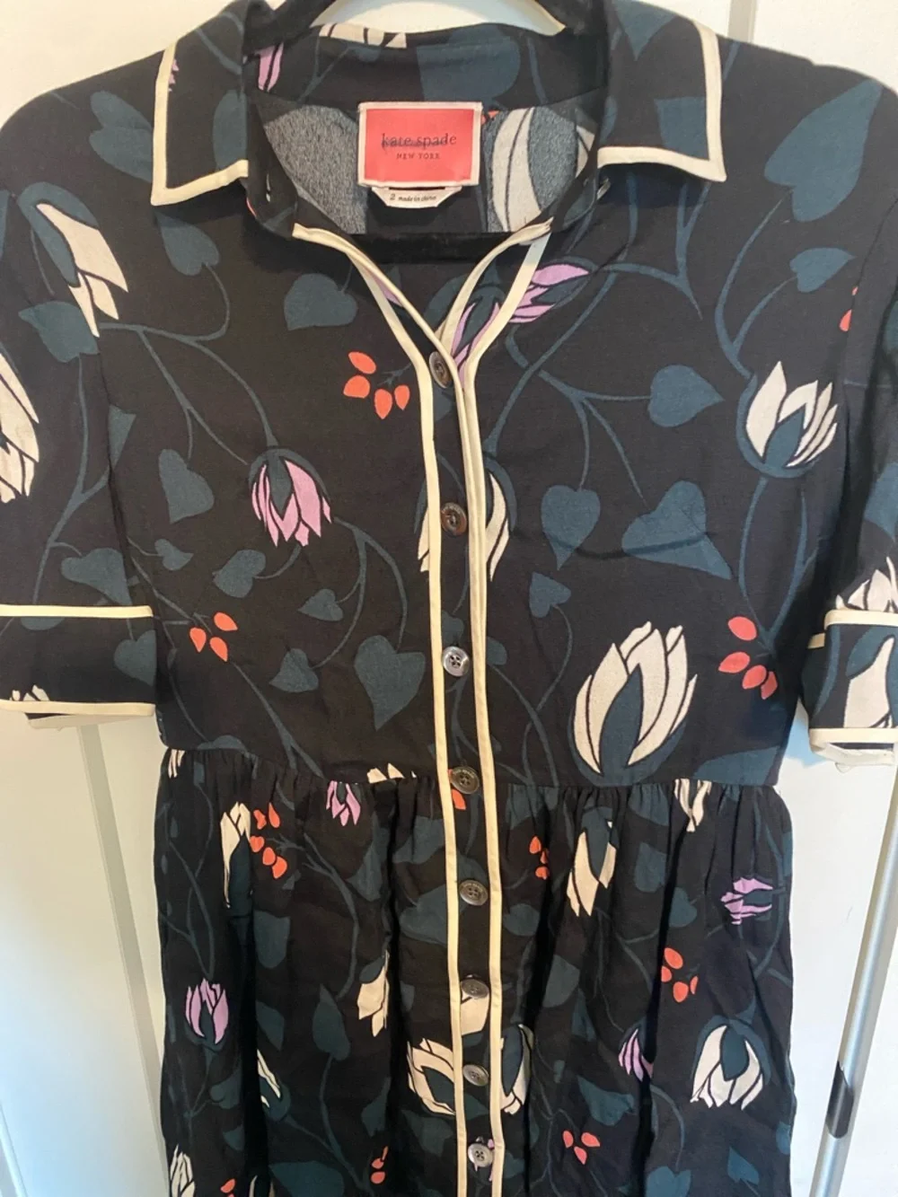 kate spade Black Floral Button-Front Dress with Cream Trim